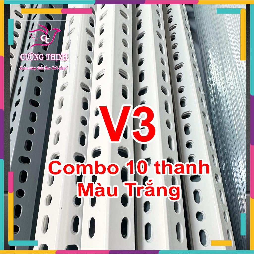 Combo 10 thanh sắt v3 dài 1m5, dày 1.6mm lắp ráp kệ sắt, kệ v lỗ, màu trắng