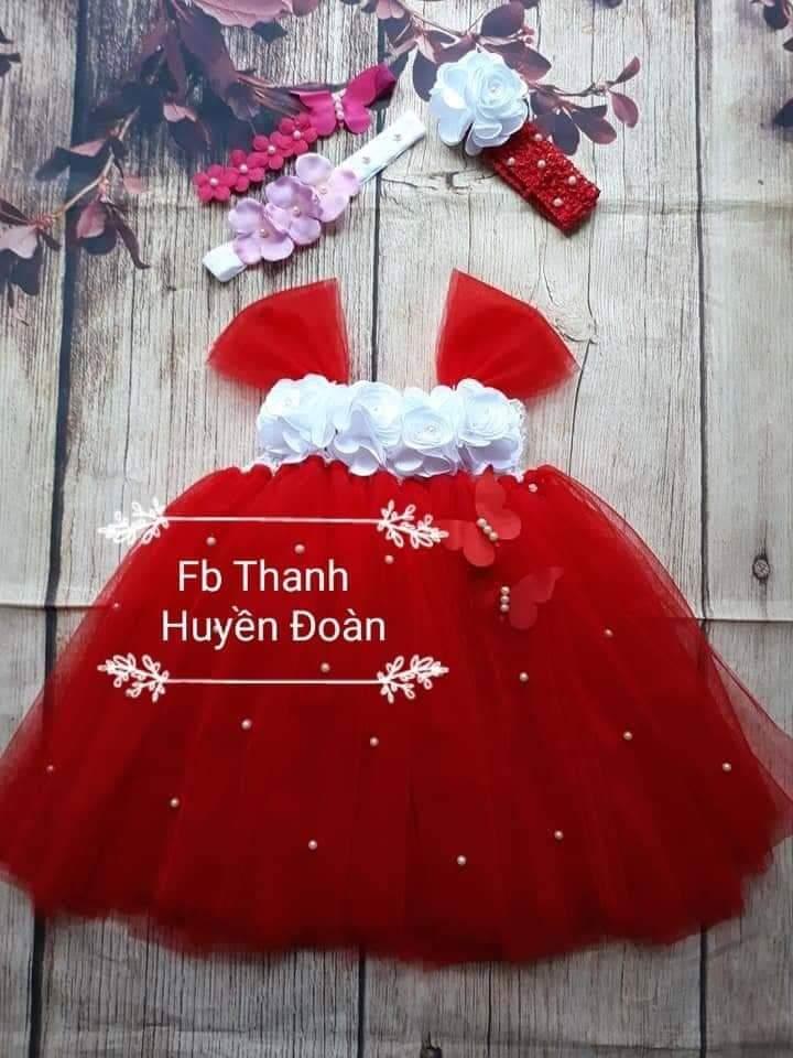 Váy Tutu công chúa Màu đỏ- hoa trắng to