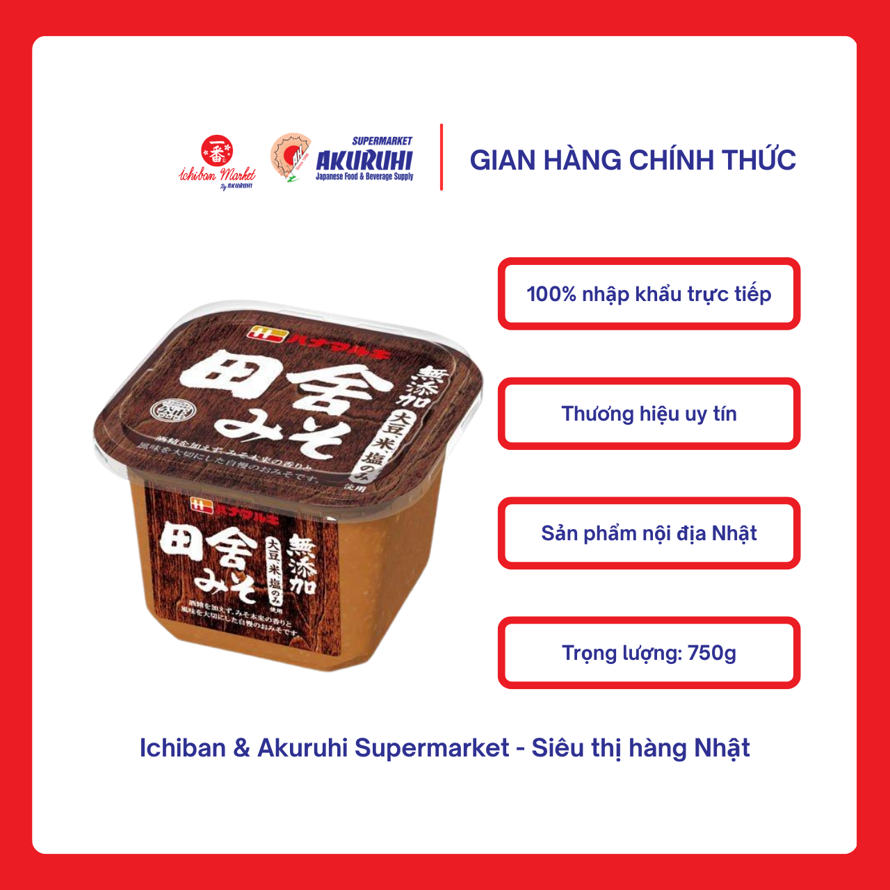 [Ichiban Market] Súp Đậu Tương Không Phụ Gia Hanamaruki Mutenka Inaka Miso 750g