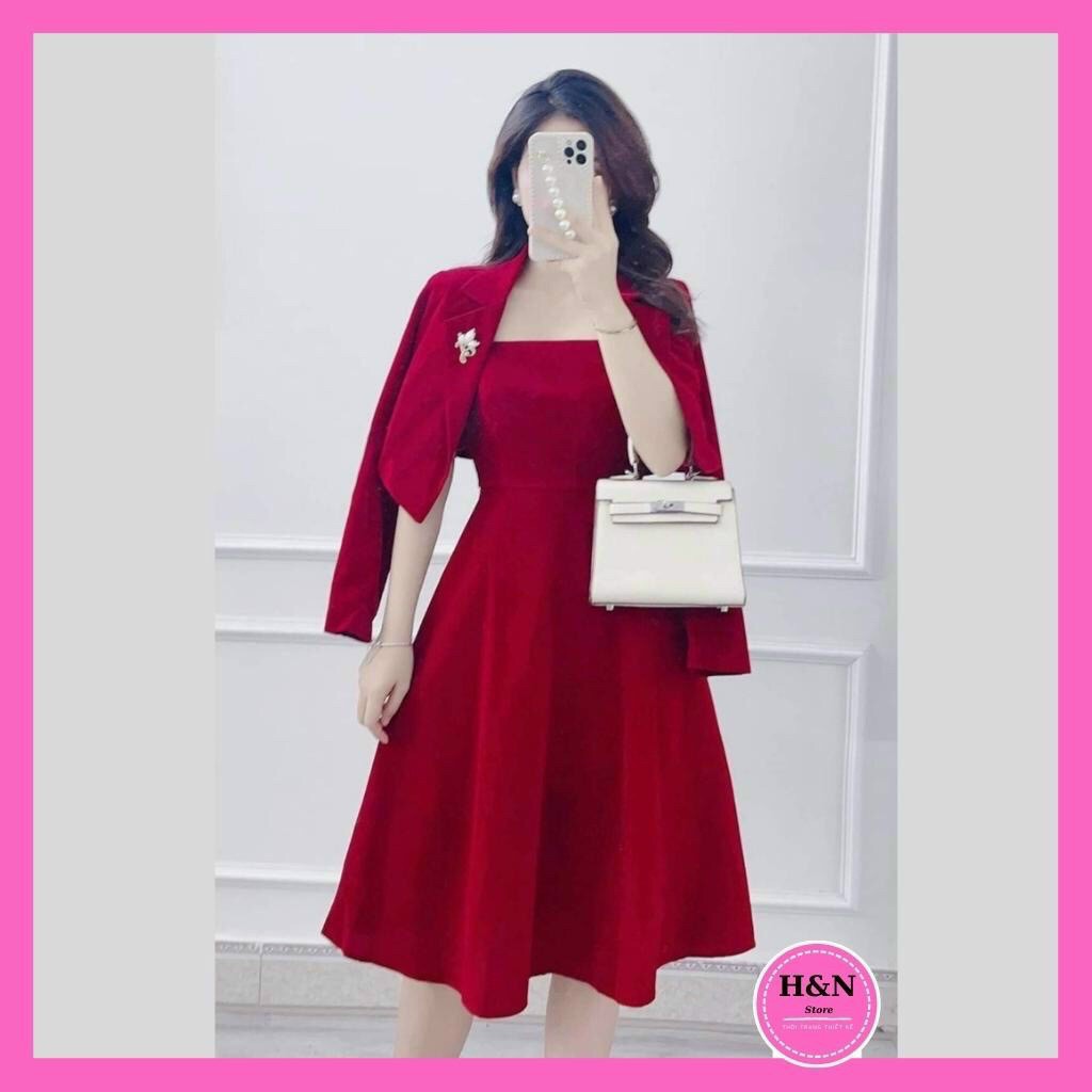 Sét đầm 2 dây kem áo khoác vest có phụ kiện