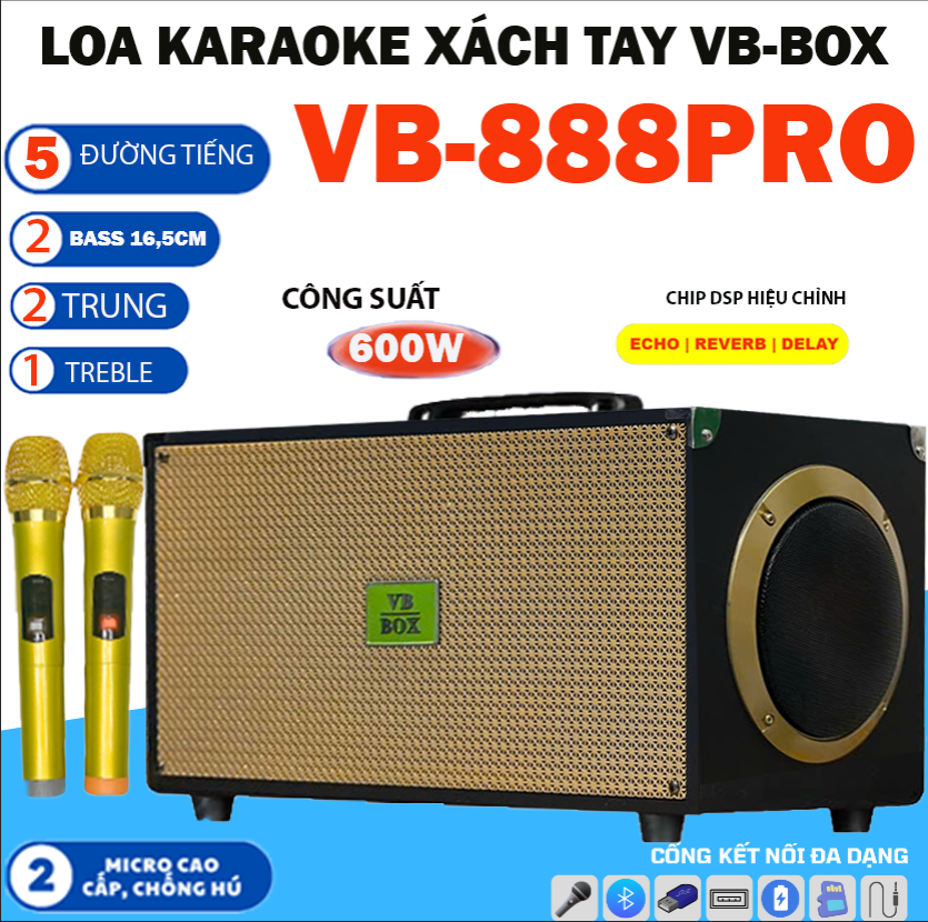 Loa Karaoke Xách Tay VB BOX VB888Pro BẢN MỚI 2024 -Tặng Kèm 2 Micro Chống Hú- Loa Công Suất 600W -Loa 5 Loa 5 Đường Tiếng 2 Loa Bass 16,5Cm Siêu Trầm ,2 Trung ,1 Treble ,Chip Sử Lý DSP Echo,Reverb Delay - Hát Karaoke Siêu Hay