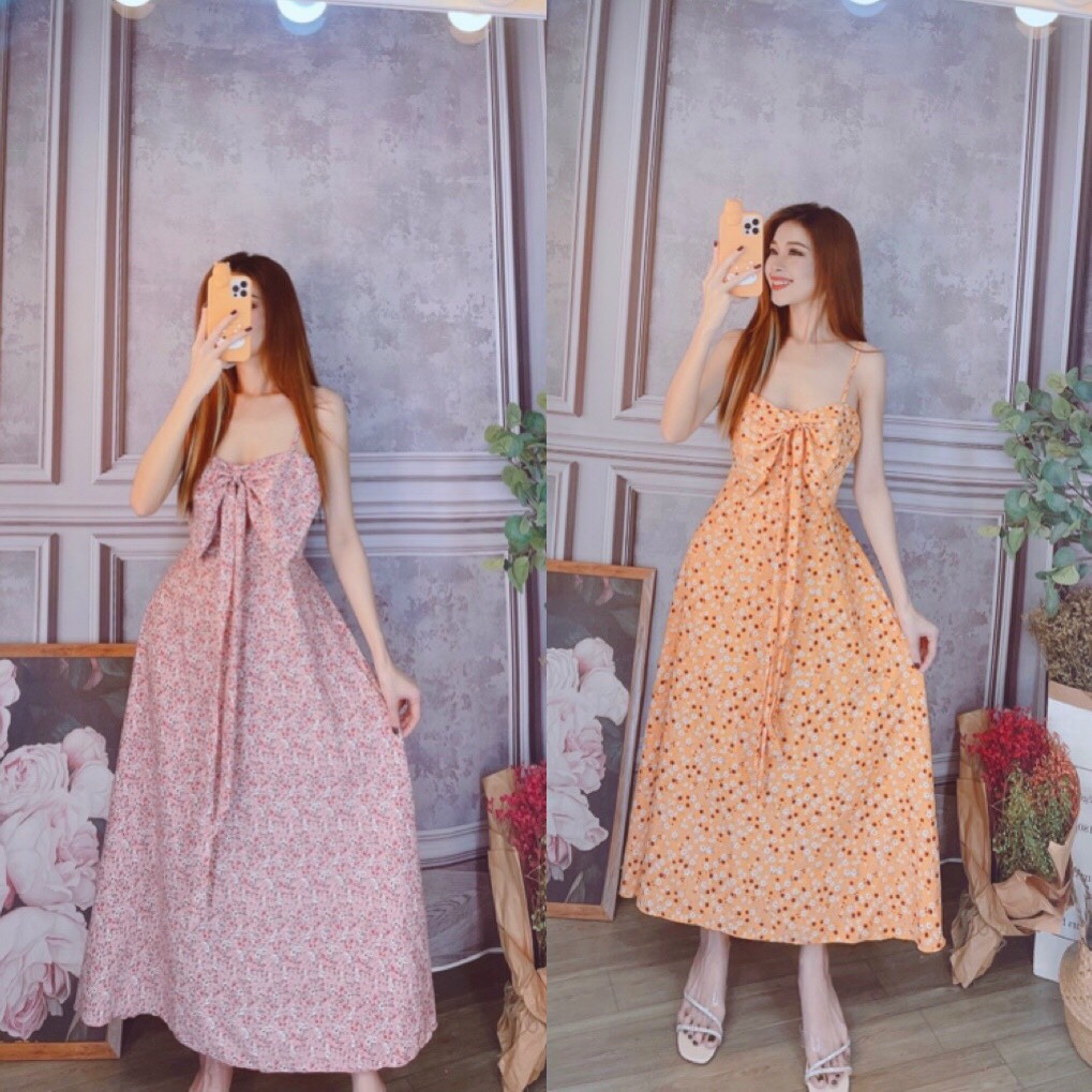 Đầm maxi hoa nhí đính nơ ngực + ảnh thật mẫu mặc