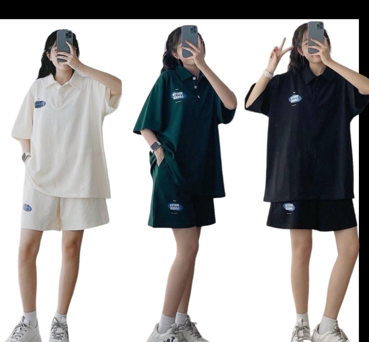 Sét Bộ đùi polo logo chất cotton su form thụng unisex