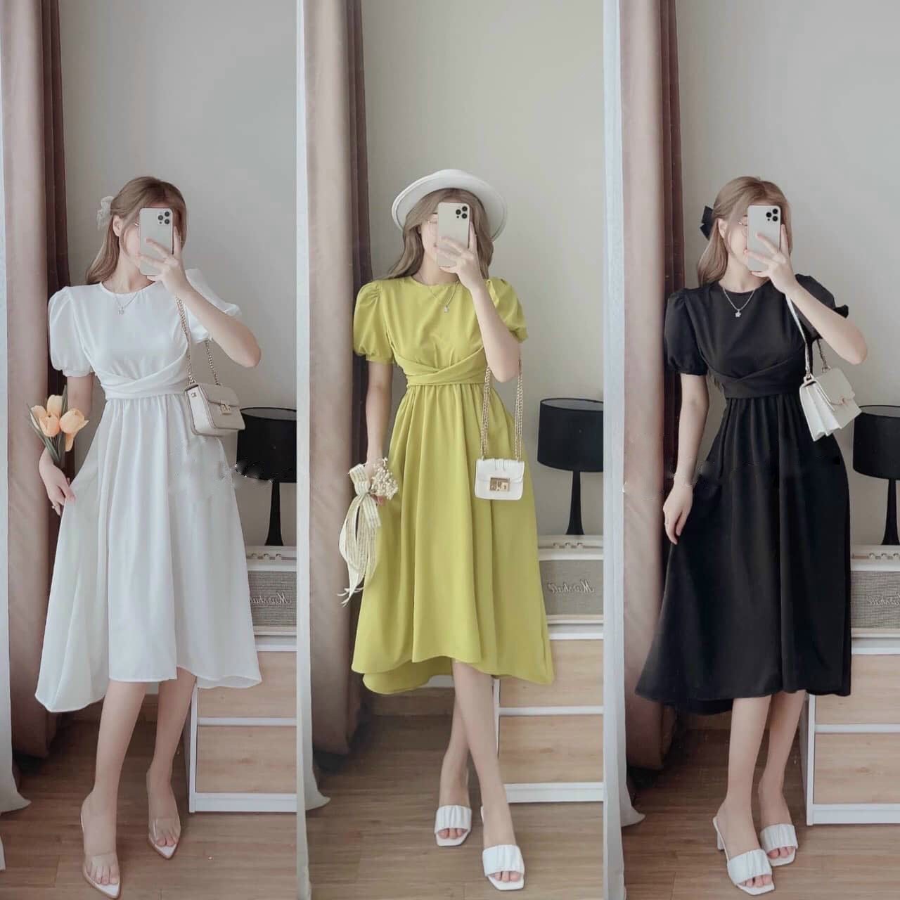 Váy trắng tiểu thư punmax hq092 tay phồng dáng xòe full 2 lớp bánh bèo size s m l