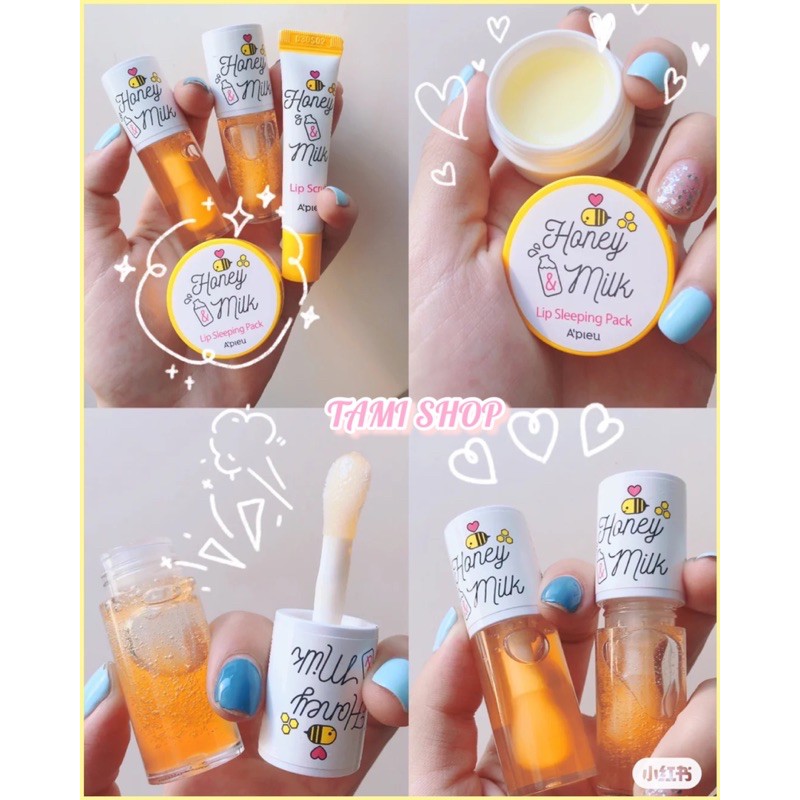 Bộ dưỡng môi mật ong apieu honey & milk lip balm / lip scrub / lip oil / lip sleeping pack