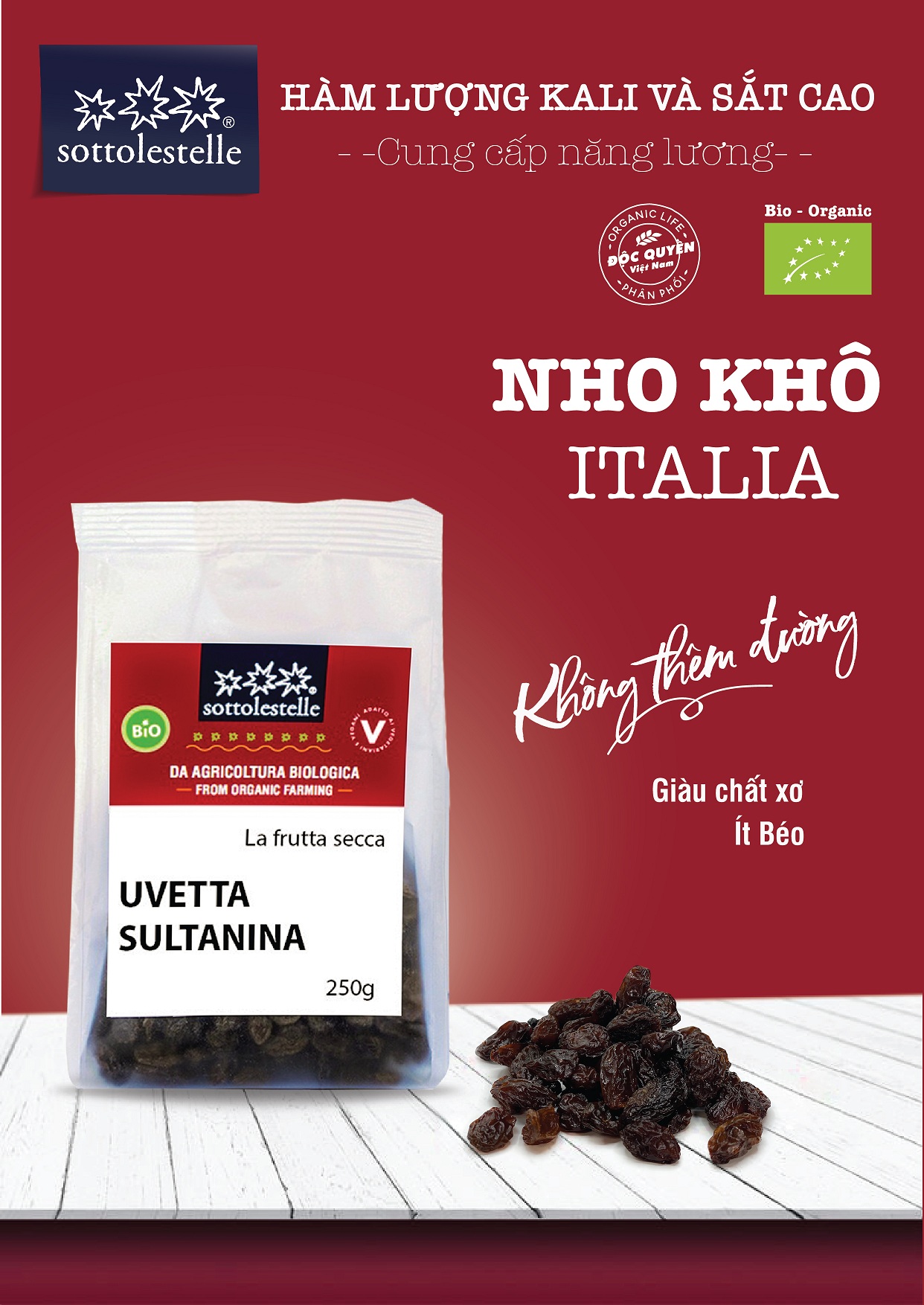 Nho khô Sultana hữu cơ Sottolestelle 250g Organic Sultana Raisins
