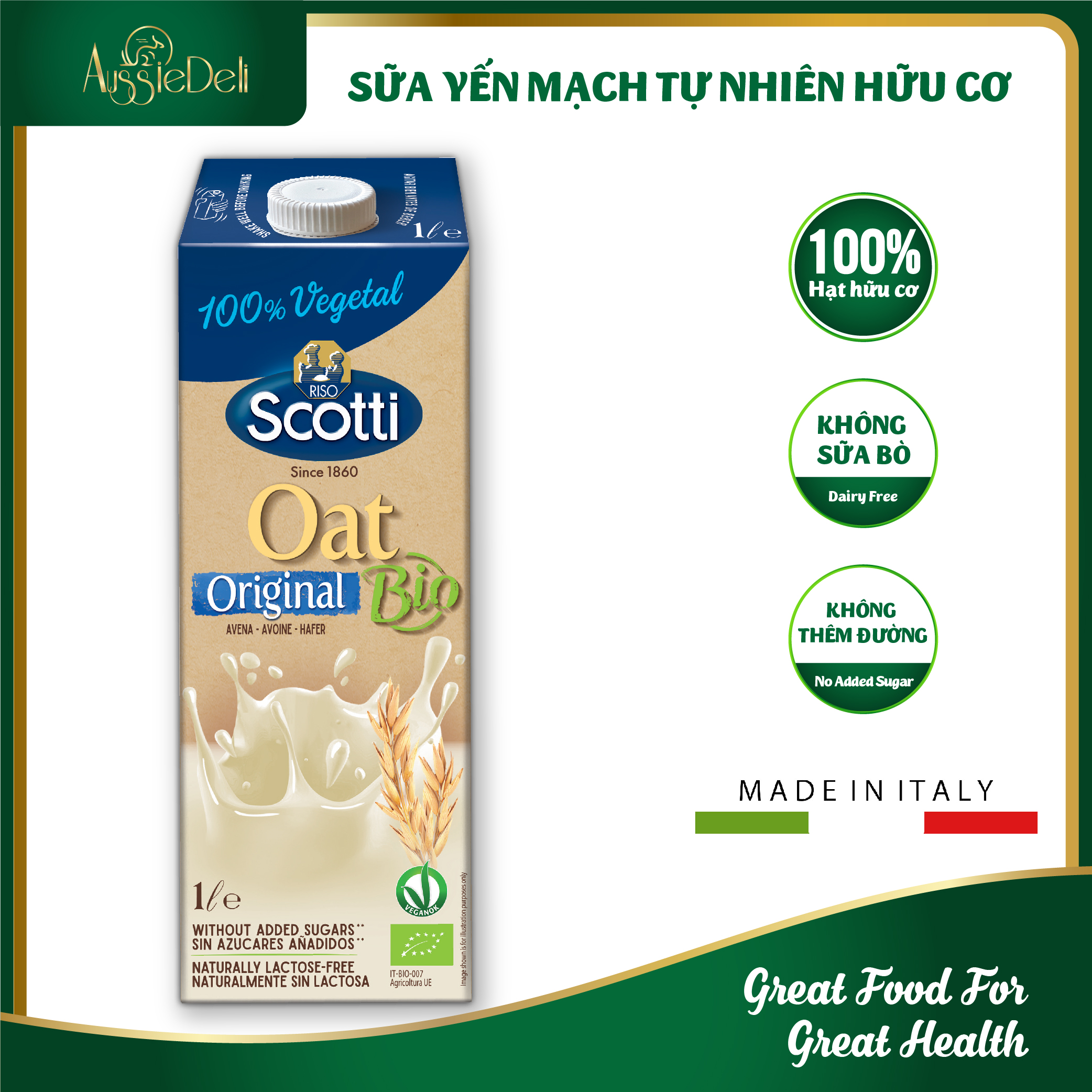 Hộp 1LÍT - Sữa Hạt Yến Mạch Hữu Cơ Không Đường Không Gluten Thuần Chay - RISO SCOTTI - Nhập Khẩu Từ Ý