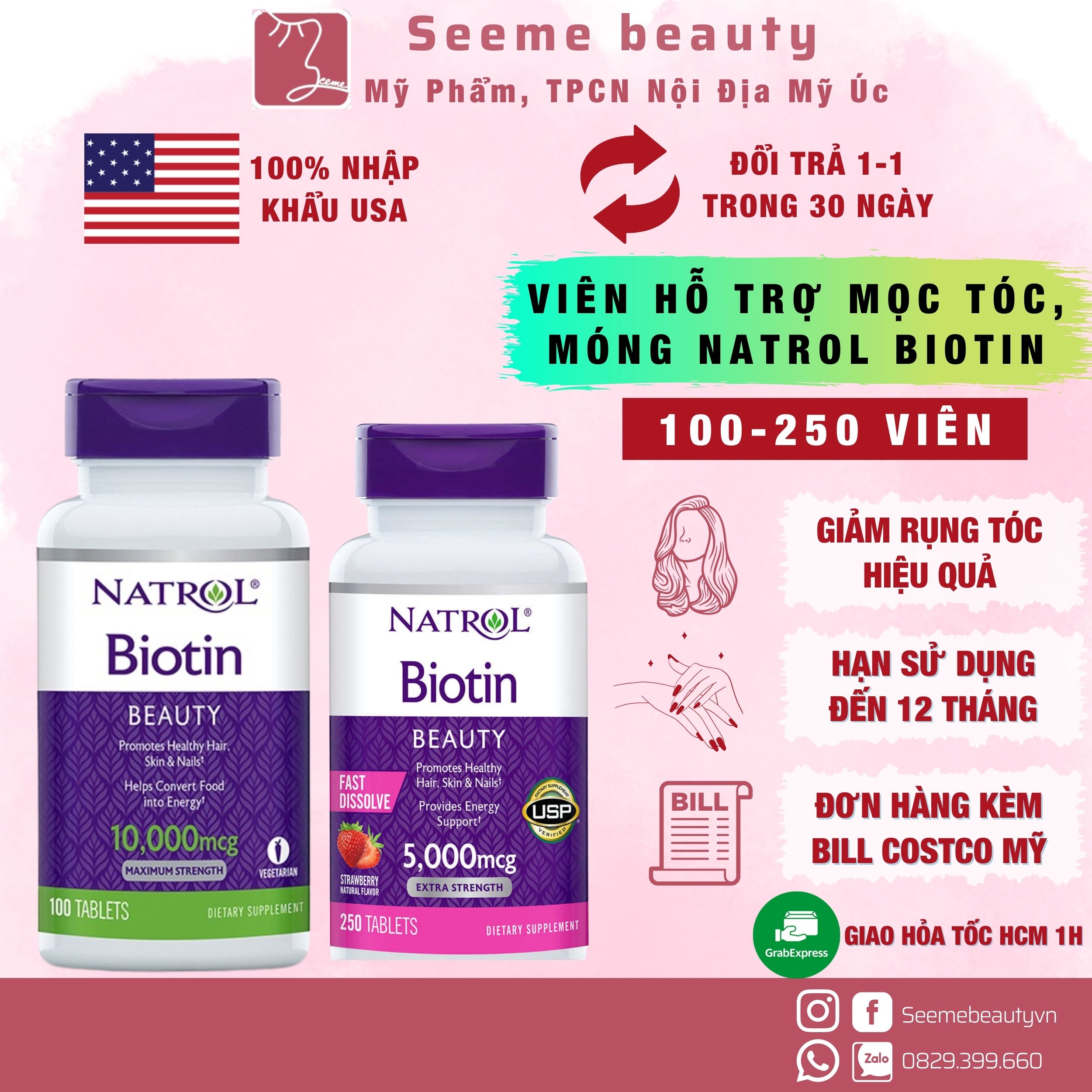 Viên uống hỗ trợ mọc tóc, móng natrol biotin 10.000mcg 100 viên, 5.000mcg 250 viên nội địa mỹ giúp tóc móng chắc khỏe