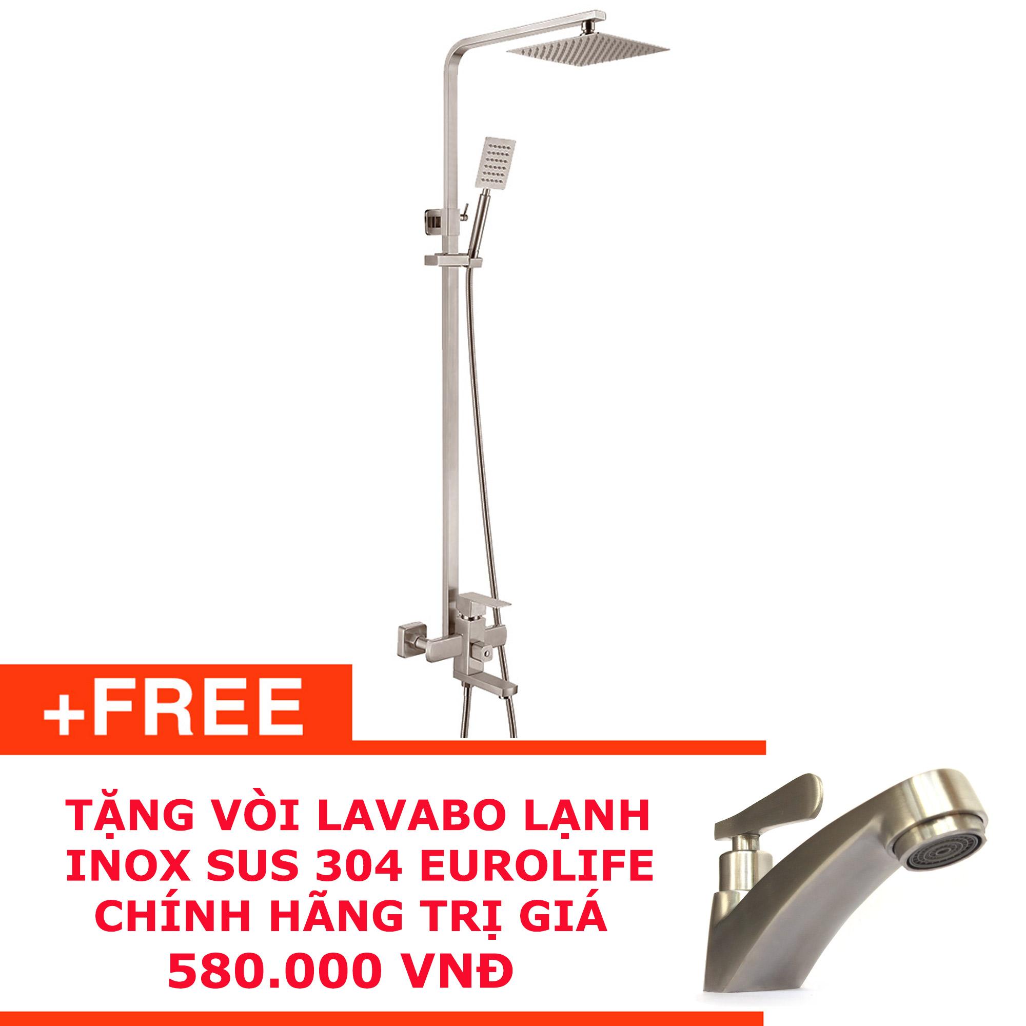 Bộ sen cây vuông nóng lạnh inox sus 304 eurolife el-s908 tặng vòi lavabo inox sus 304 el-122