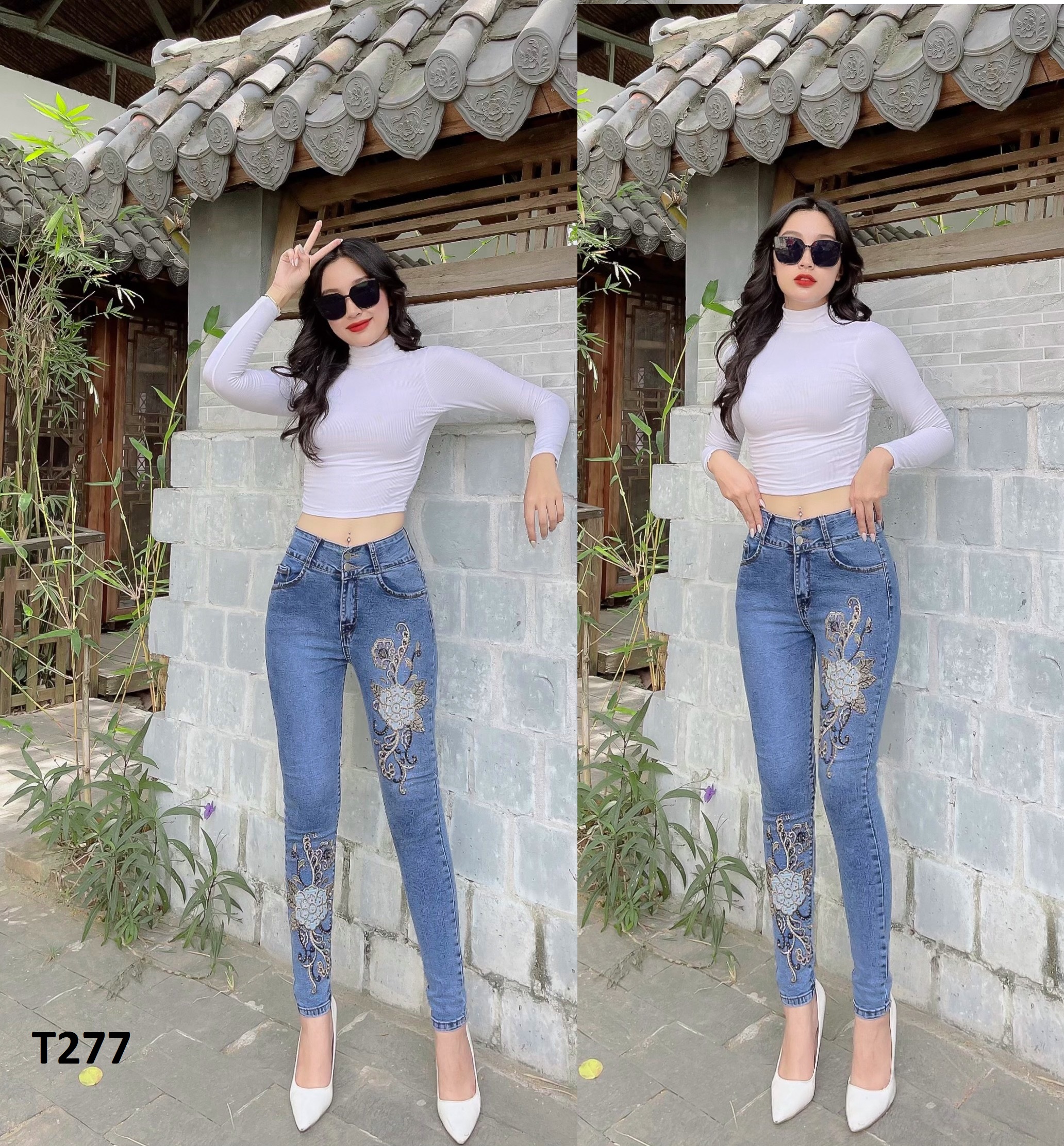 Quần jean nữ thêu hoa chất jean co giãn T227