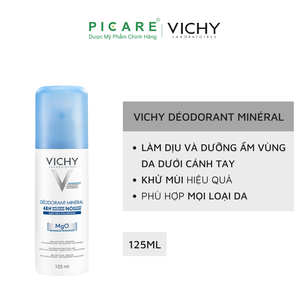 [GIẢM 20K ĐƠN 399K] Vichy Xịt khử mùi giàu khoáng, giúp vùng da dưới cánh tay khô thoáng DÉODORANT MINÉRAL 125ml