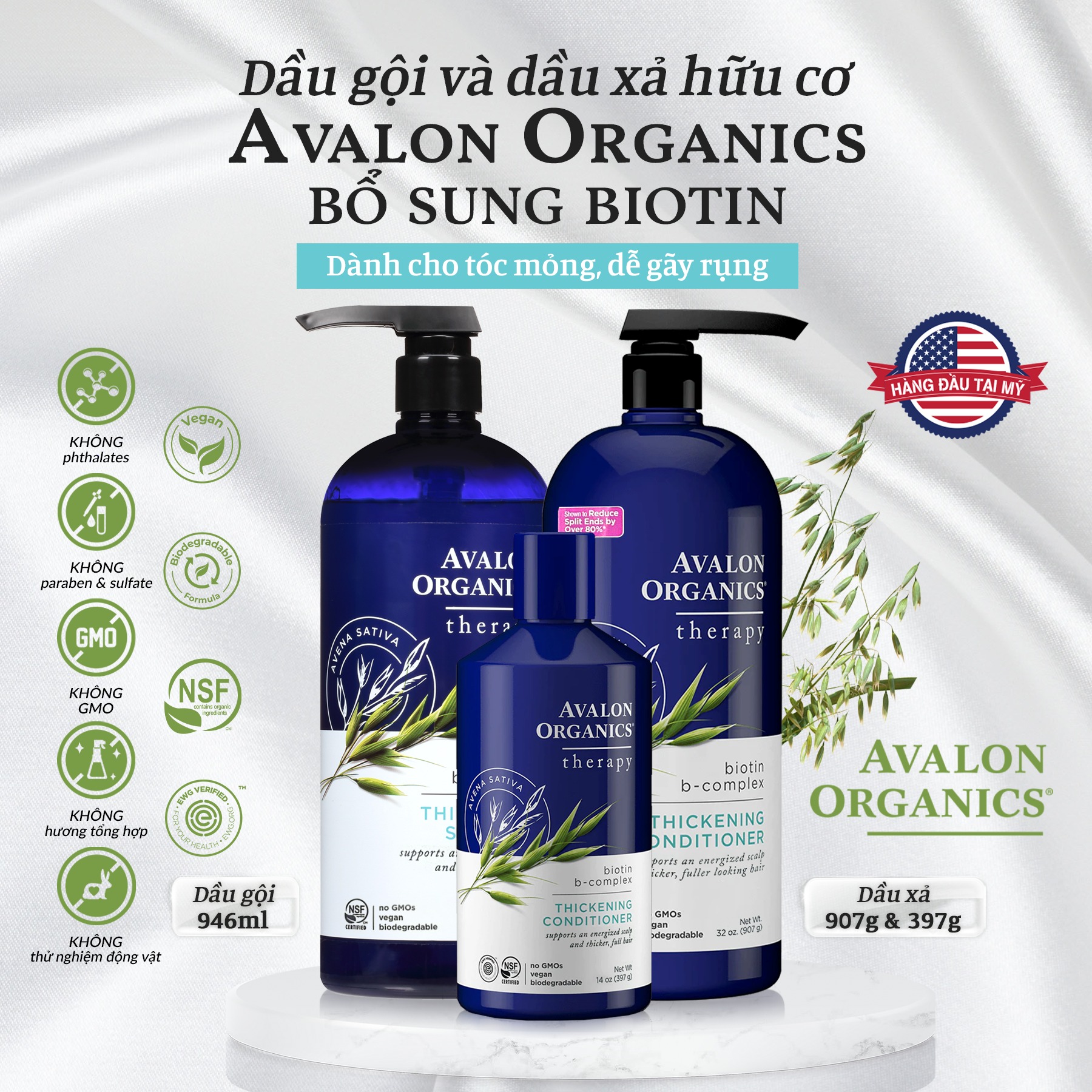 Dầu gội Dầu xả hữu cơ Avalon Organics bổ sung Biotin dành cho tóc mỏng, dễ gãy rụng