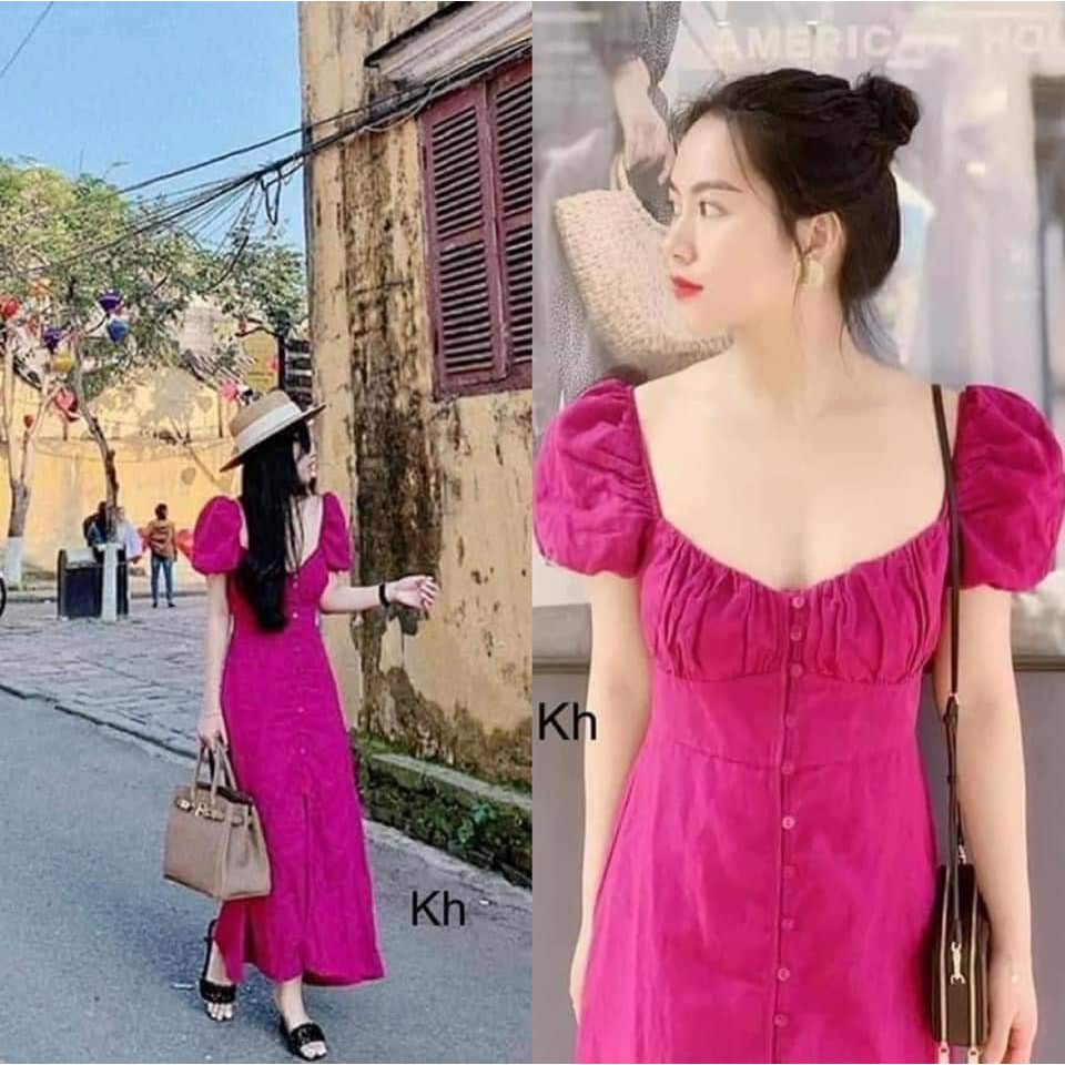 [Hàng Chuẩn] Váy Maxi Hồng Tay Cộc Dáng Suông, Đầm Nữ Hồng Cổ Vuông Tay Phồng Siêu Xinh Có Ảnh Thật