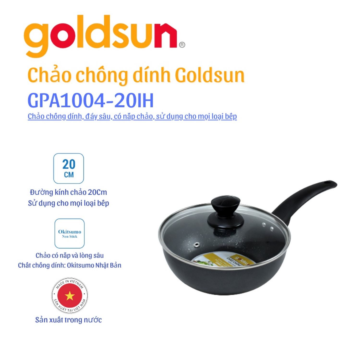 Chảo chống dính sâu lòng có nắp goldsun gpa1004-20ih