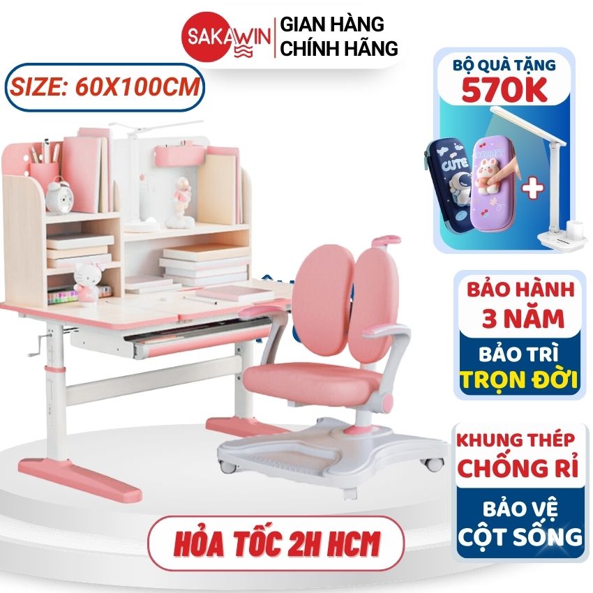 Bàn học cho bé Sakawin S100+, Bàn học sinh có giá sách, Size to 1m, Tuỳ chọn loại ghế Giá nhập Độ bền 20 năm