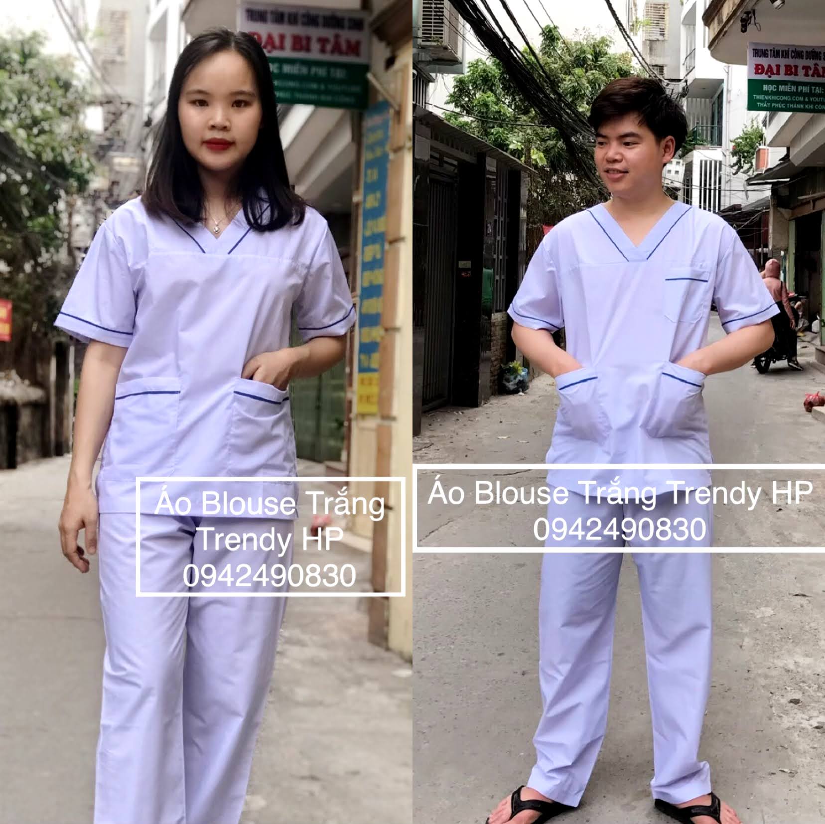 Bộ quần áo blouse trắng cổ tim viền xanh nam nữ cộc tay - bộ blu trắng bác sỹ, y tá, điều dưỡng, dược sỹ