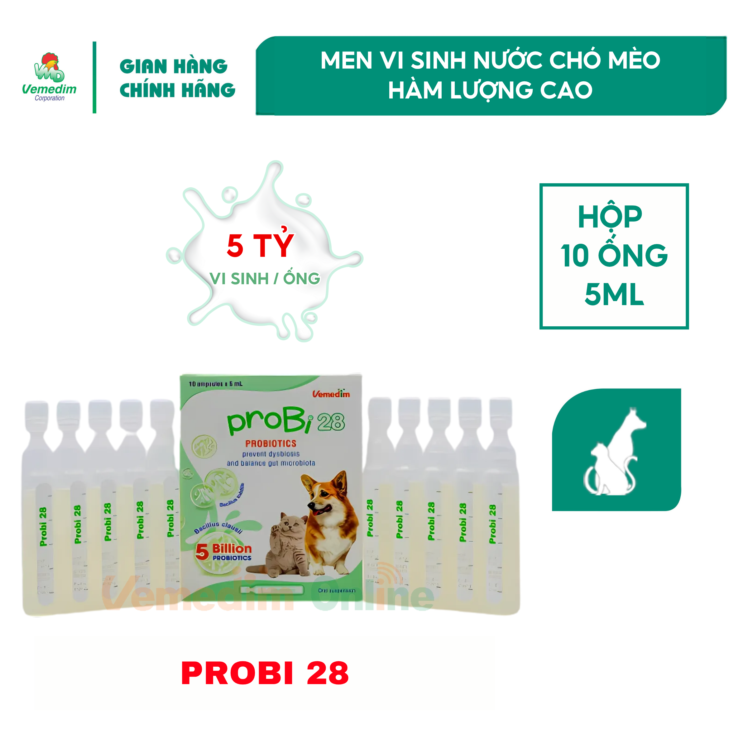 Vemedim Probi 28 - Men vi sinh nước cho chó, mèo, gà với 5 tỷ lợi khuẩn, hộp 10 ống 5ml