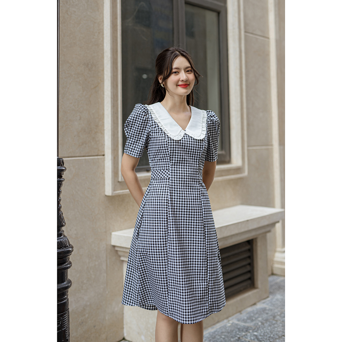 Đầm caro công sở dáng chữ a cổ sen - Eden Fashion Store - D506