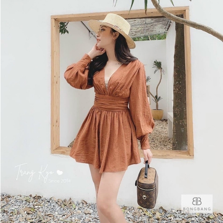 [freeship]Đầm nữ dự tiệc - đầm body nữ - đầm nữ dài tay thiết kế thắt eo cổ V thời trang cao cấp thích hợp cho bạn nữ từ 55kg trở xuống tùy chiều cao