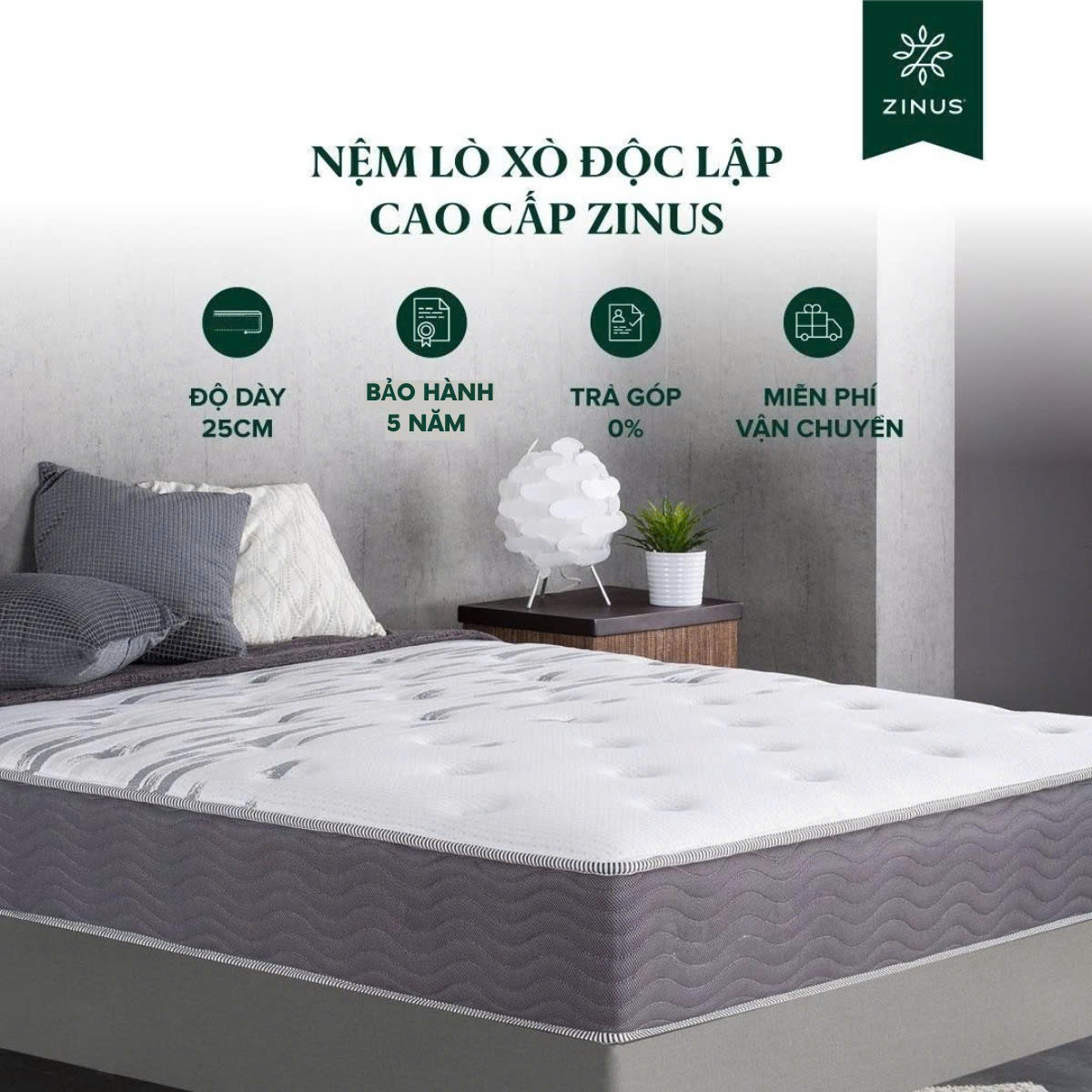[TRẢ GÓP 0%] Nệm Cao Su Non Lò Xo Độc Lập Cao Cấp Dày 25cm Zinus - 10in Extra Firm Spring Mattress