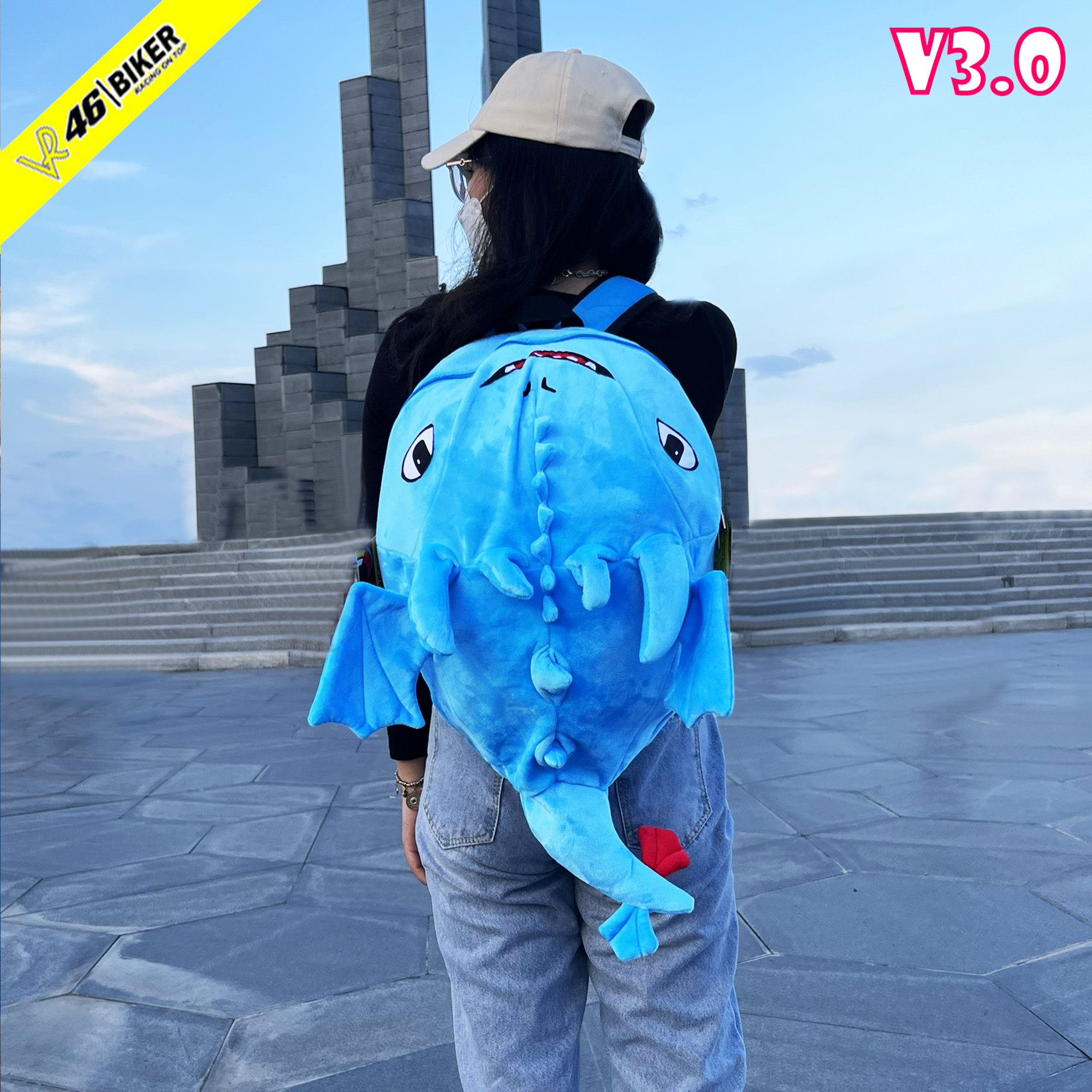 GIÁ SỈ - Balo rồng nhung, Balo khủng long lưới màu xanh biển size trung đựng vừa nón bảo hiểm, đồ dùng, sách vở, đi học đi chơi