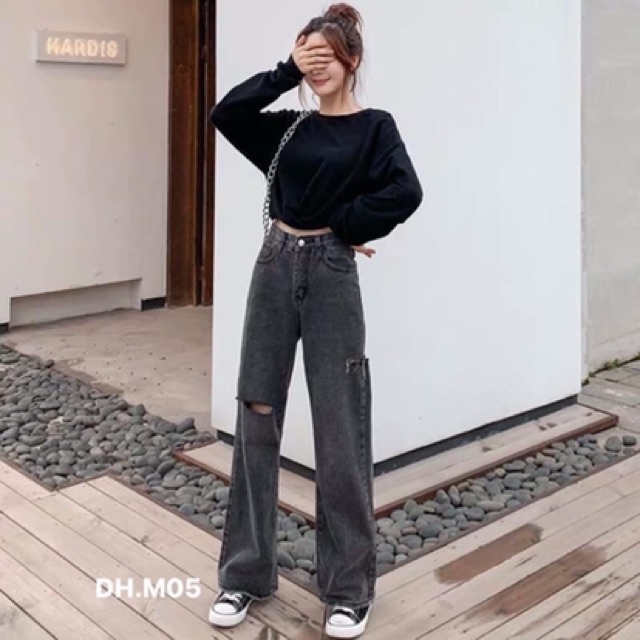 Quần bò ống rộng khói rách hông và đùi dh12