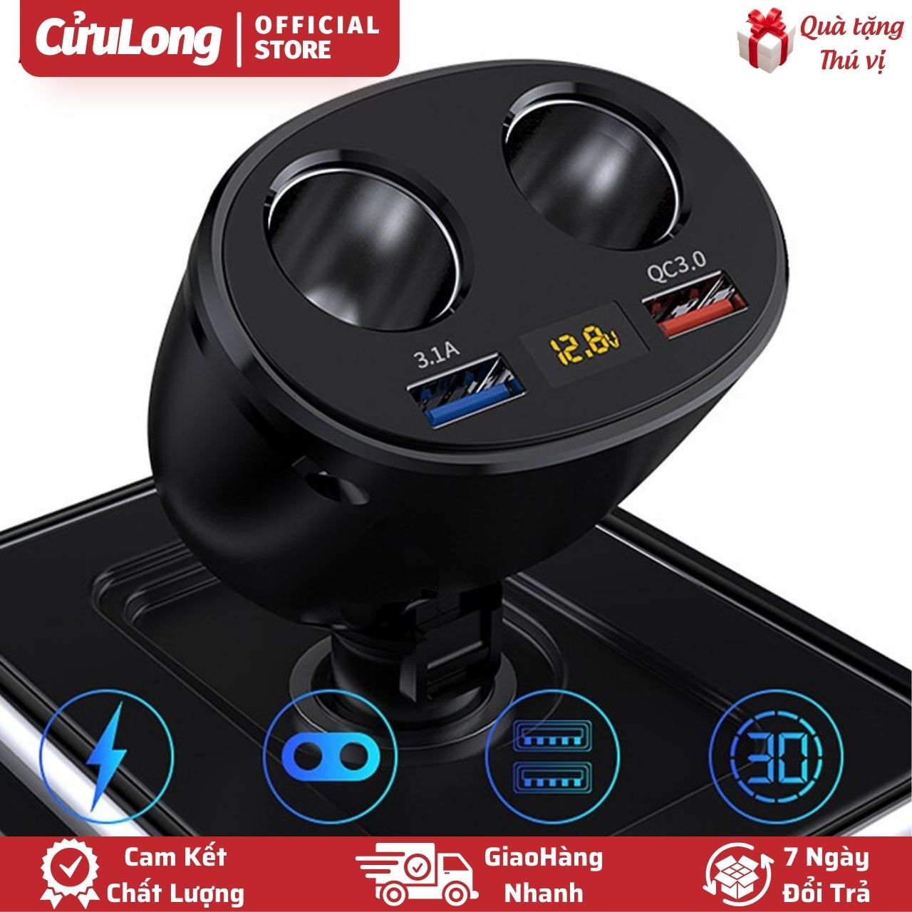 Bộ Chia Tẩu Sạc Nhanh QC 3.0 Ôtô Quay 180 Độ 2 Cổng Cắm Tẩu Sạc, Có Đèn Led cốc sạc nhanh xe hơi, cục sạc điện thoại trên xe