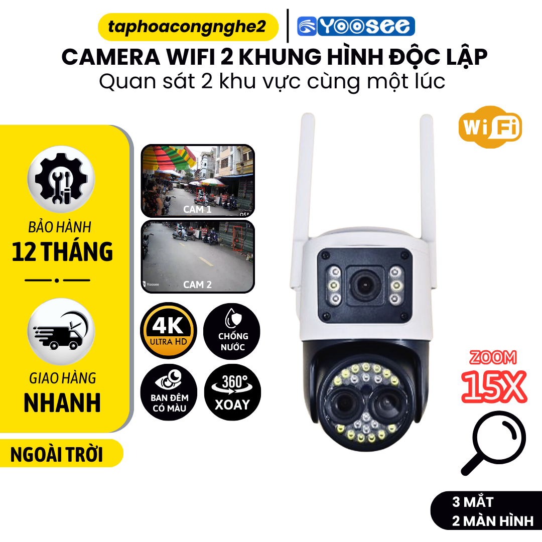 Camera WIFI YOOSEE 3 Mắt Kép 2 Màn Hình, Mắt ZOOM Lên Tới 15X, Độ Phân Giải 9.0MPX, Đàm Thoại 2 Chiều, Chống Nước IP66 - BẢO HÀNH 12 THÁNG
