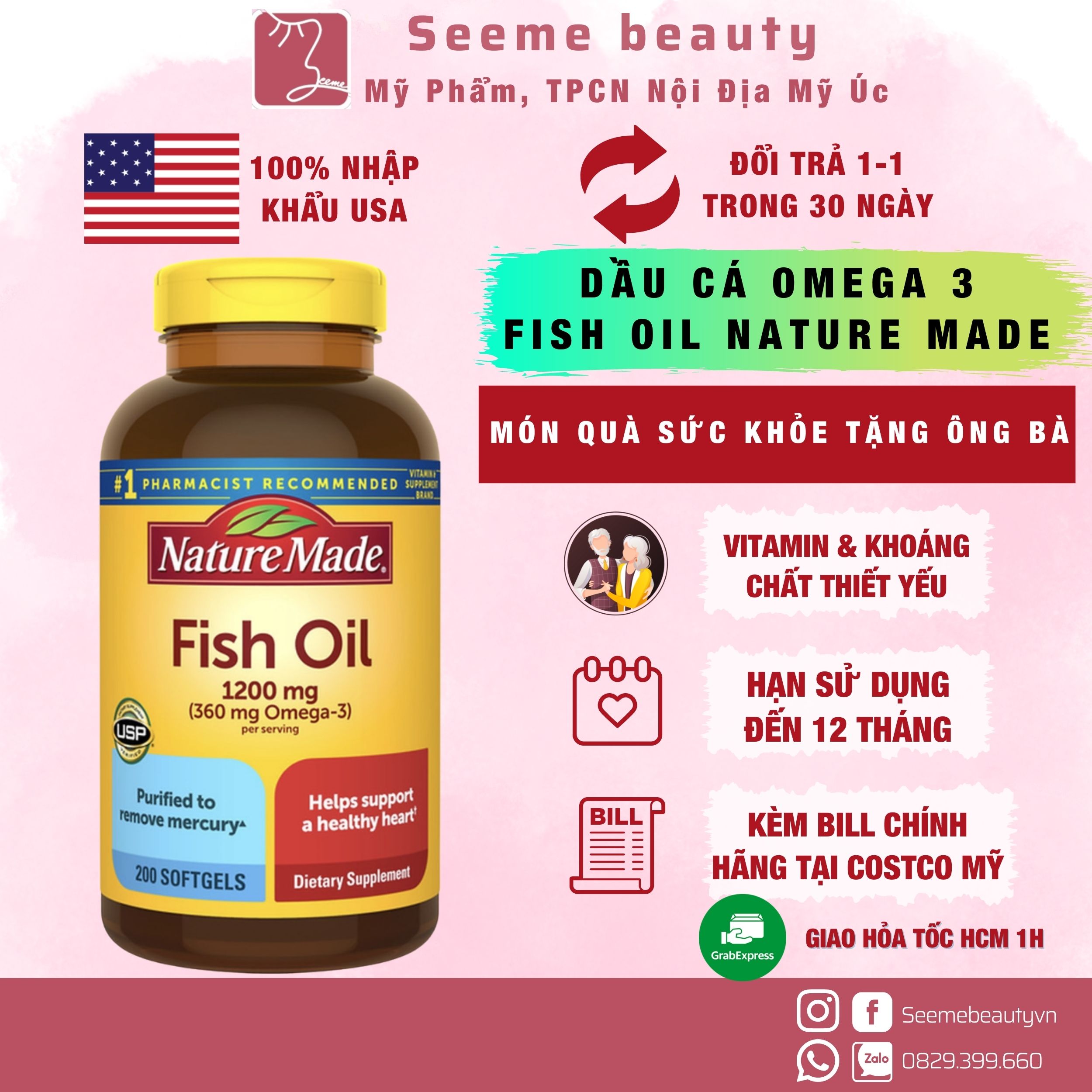 HÀNG MỸ Dầu Cá Omega 3 Fish Oil Nature Made 1200mg 200 Viên Bổ Mắt SeeMe