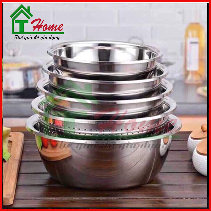 Bộ 5 tô chậu rổ inox nhiều kích cỡ đa dạng, 1 rổ + 4 chậu inox, an toàn, dễ sử dụng