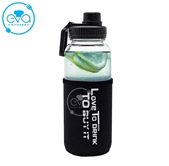 Bình Đựng Nước Thuỷ Tinh Nắp Bật Có Quai Cầm Love To Drink 1000 ML Tặng Kèm Vỏ Bọc Vải Neoprene