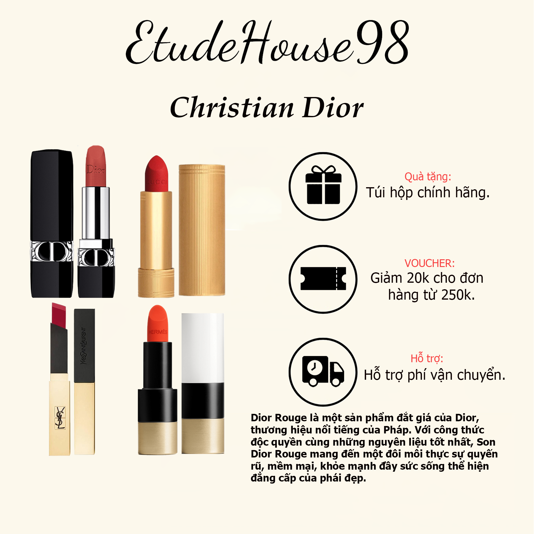 Son lì gucci, hermes, dior, ysl lỗi nhẹ chạm nắp