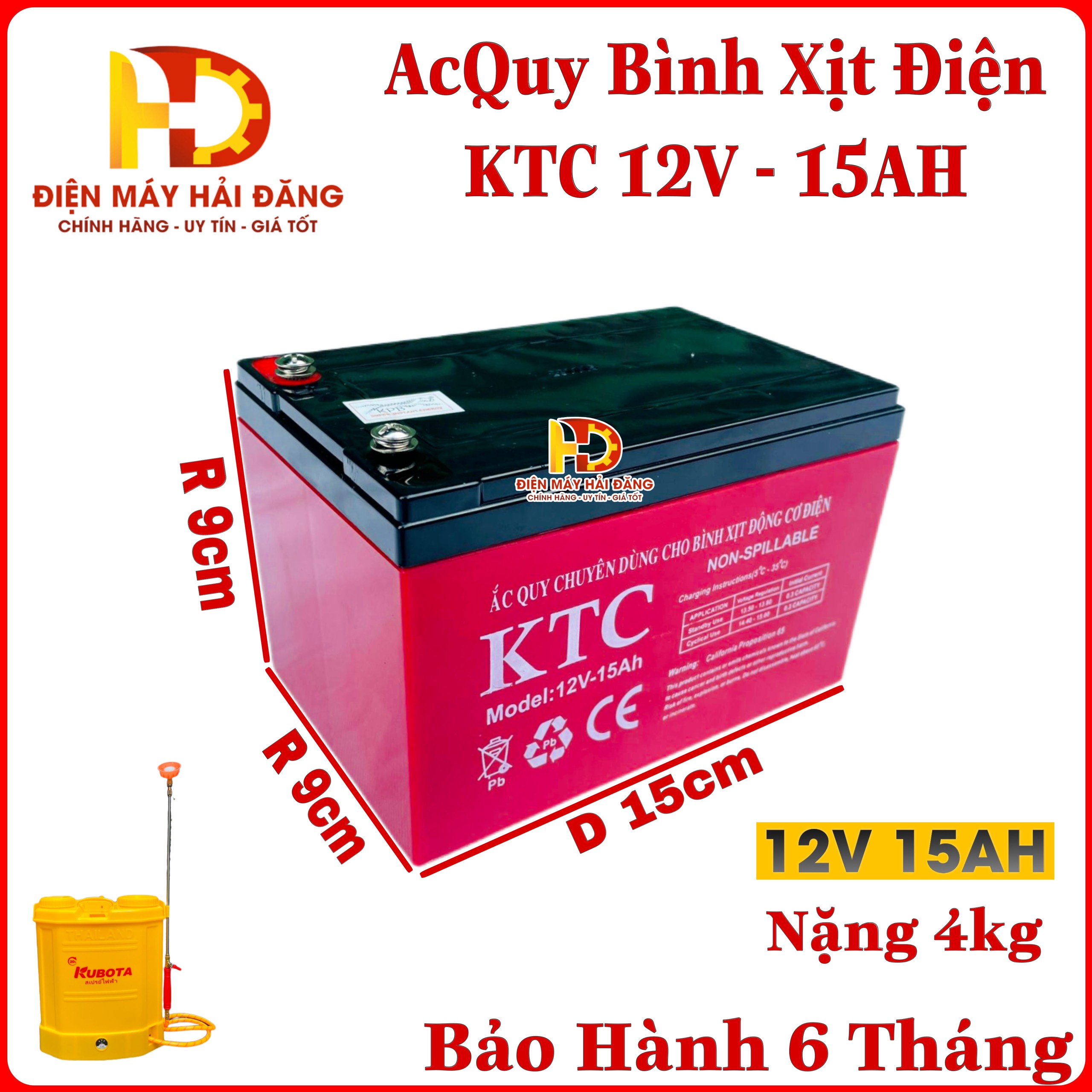 Ắc Quy 12V 9AH- 15AH KTC chuyên dùng cho bình phun thuốc trừ sâu, loa kẹo kéo ,Bình xịt điện. Tuổi t