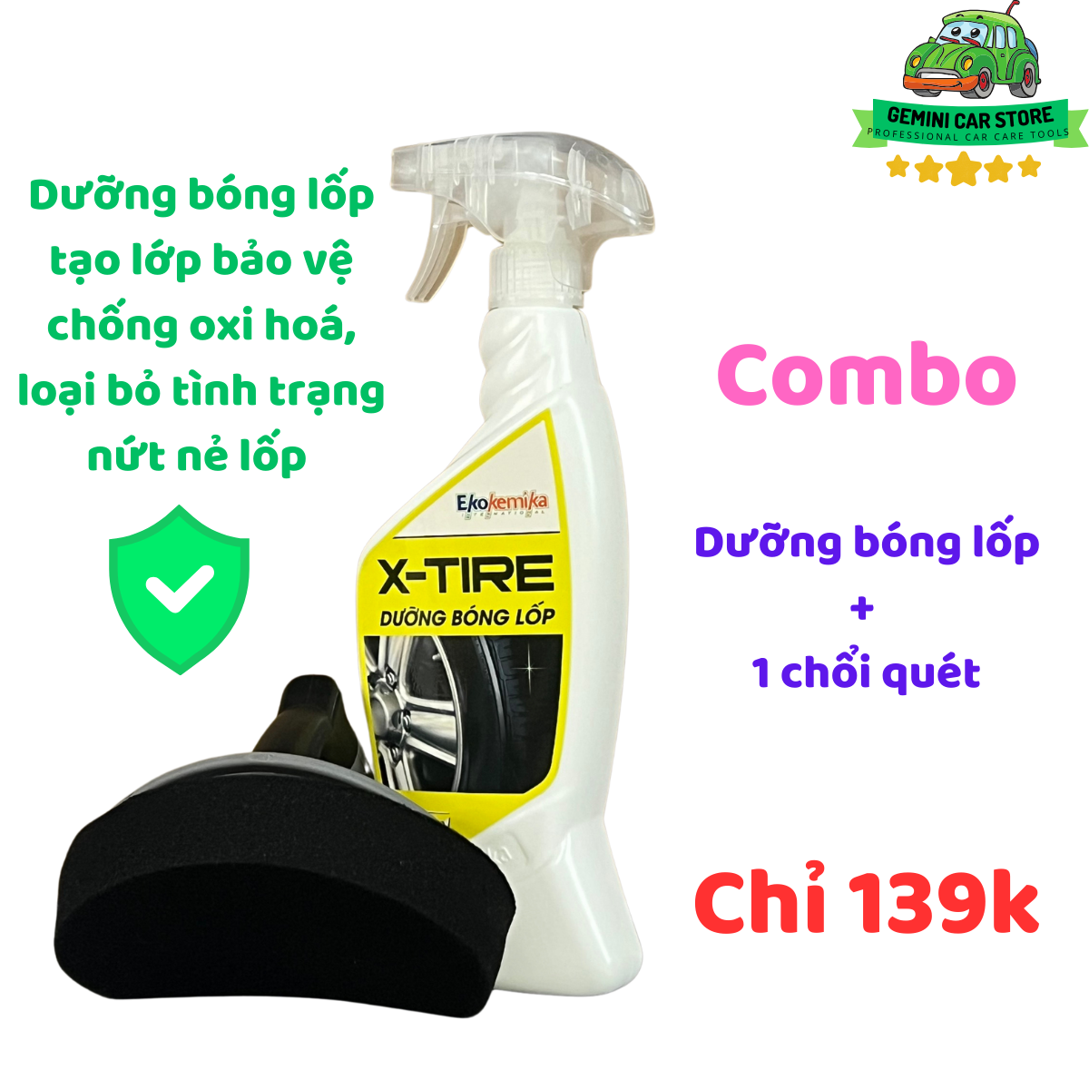 Combo 1 Chai dưỡng bóng lốp cao cấp Ekokemika X-Tire và 1 Chổi quét bóng lốp cao cấp