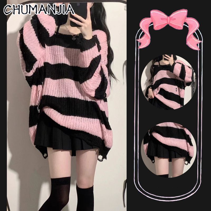 CHU MAN JIA   Black and pink sweater for women, mid-length, loose, lazy style, striped sweater, 2024 new style, popular tops, outerwear