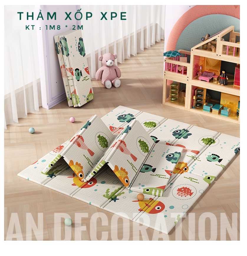 Thảm Xốp XPE Phủ Silicon 2 Mặt Cao Cấp, Chống Thấm, Chống Bám Bẩn, Kích Thước 1m8 x 2m