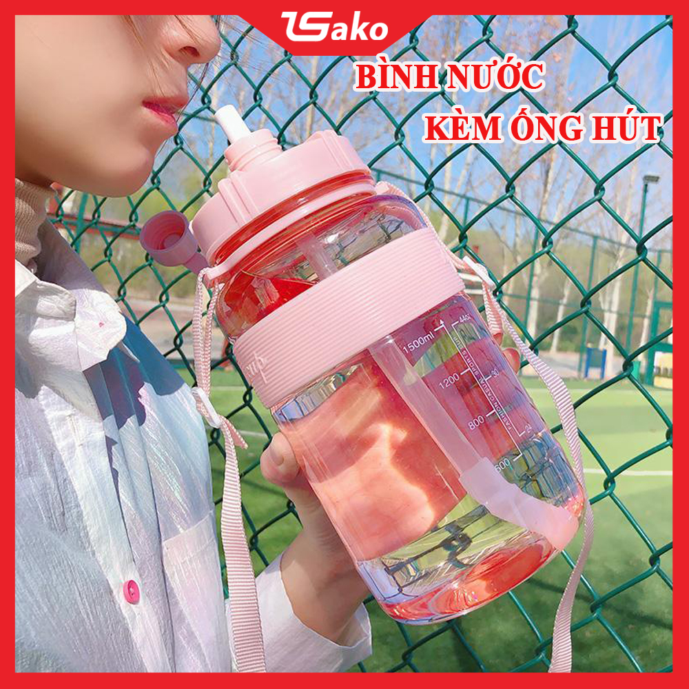 Bình nước thể thao có ống hút kèm dây đeo tiện dụng - Bình nước cute - Bình nước nữ