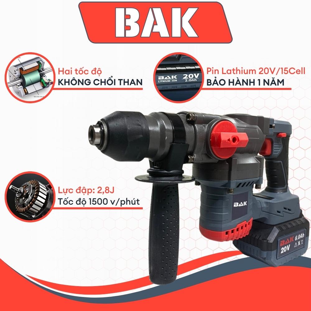 Máy khoan đục bê tông dùng pin bak, chuyên đục phá bê tông lõi đồng không chổi than, pin 15 cell bảo hành 1 năm