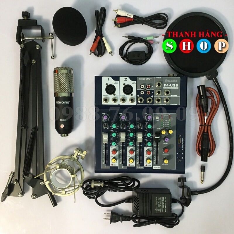 Combo thu âm mixer f4 usb bluetooth+mic bm900 chaan kep mang loc kèm phụ kiện tặng tai nhét bh 6 tháng đổi mới chân lọc