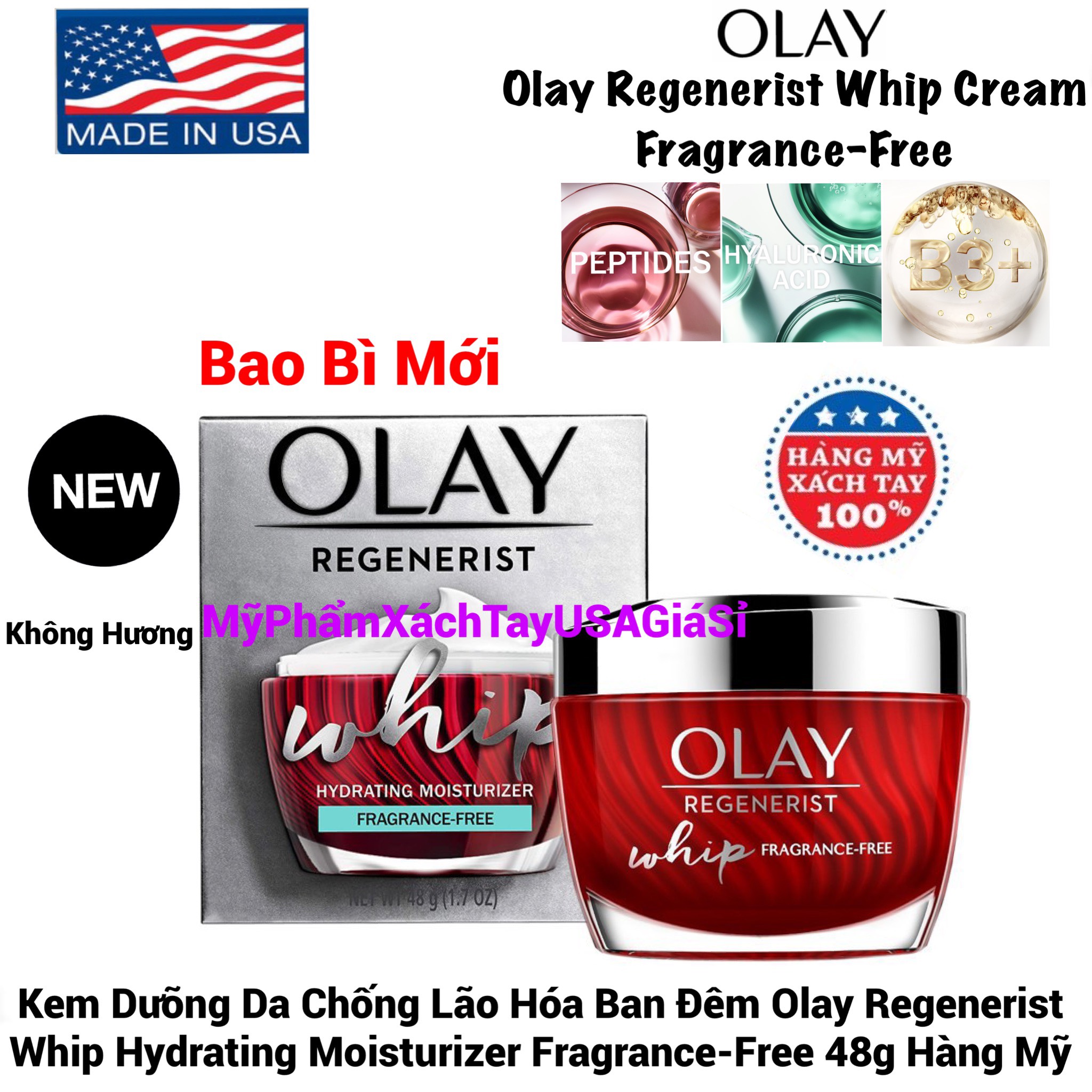 Kem duỡng da chống lão hóa Olay Regenerist Whip Active Moisturizer Fragrance Free 48g (không hương) USA