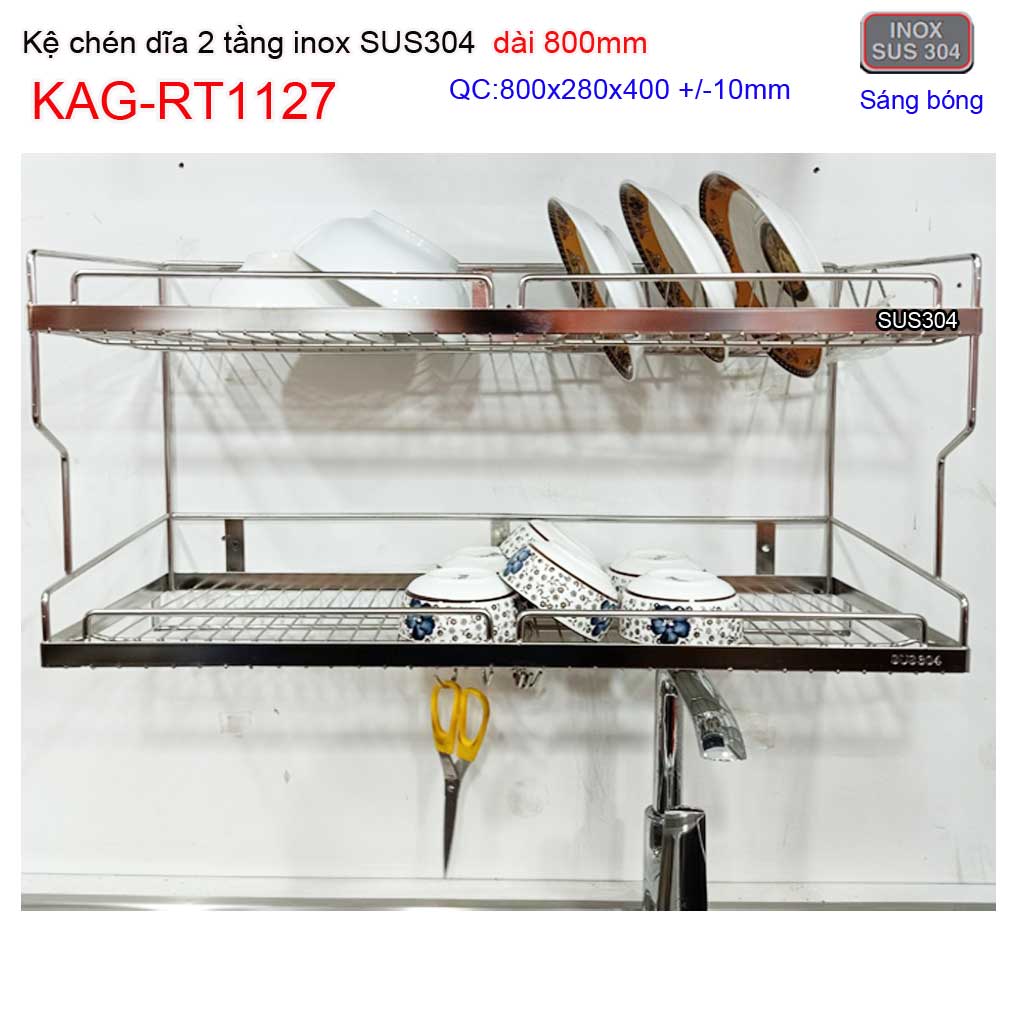 Kệ đựng chén 80cm kag-rt1127 inox sus304 kệ úp chén dĩa 2 tầng dài 80cm inox 304 siêu bền siêu tiết kiệm