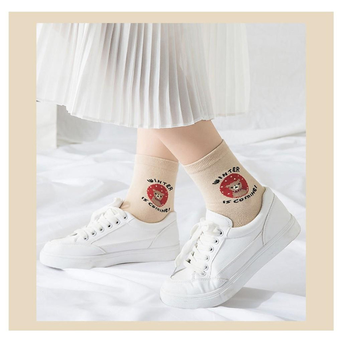 Tất nữ cổ lửng, Tất cotton nữ mềm mịn, Tất nâu sọc ngang hoa văn gấu