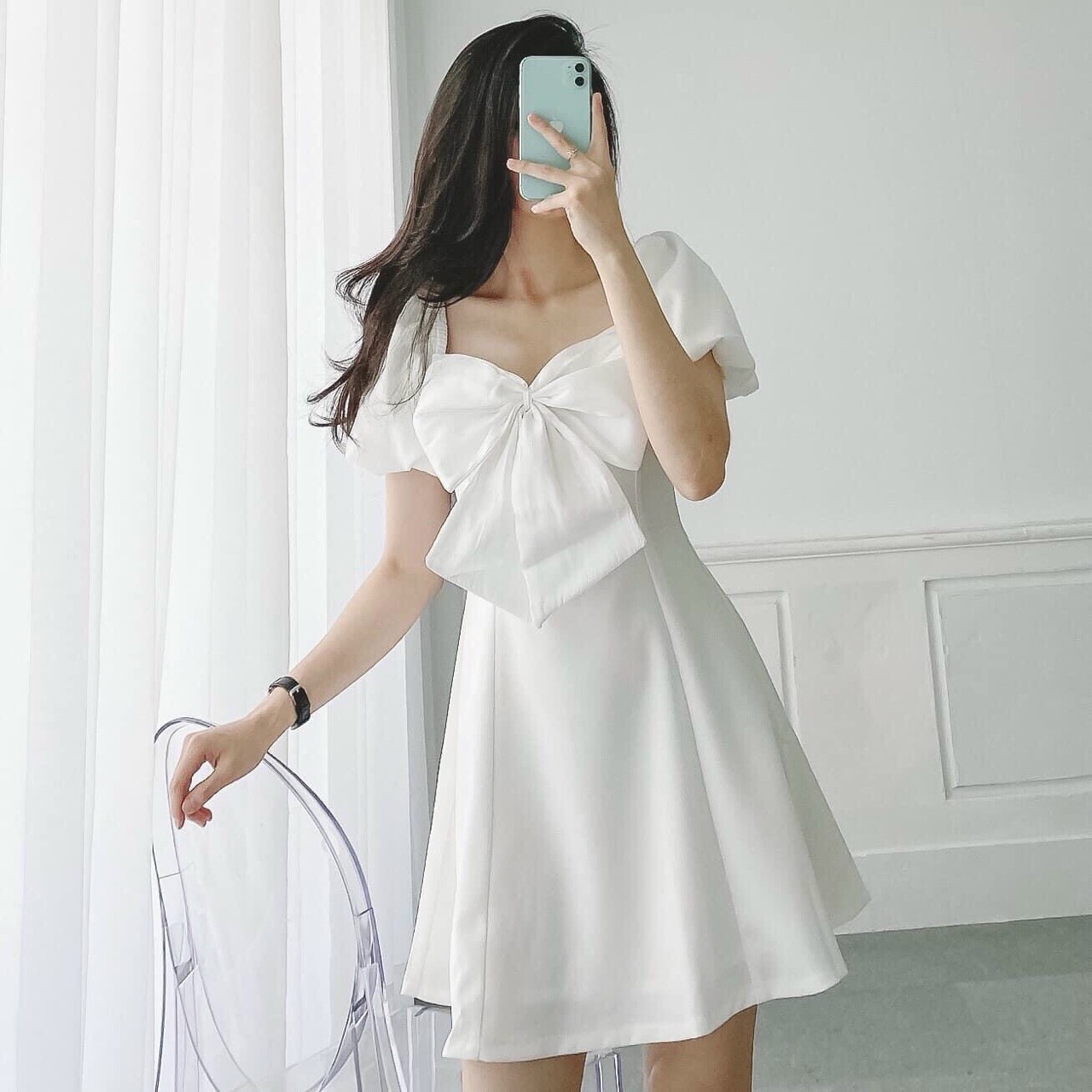 Đầm dạo phố dáng xòe nhẹ tay bồng phối nơ xinh xắn - BiBi Dress