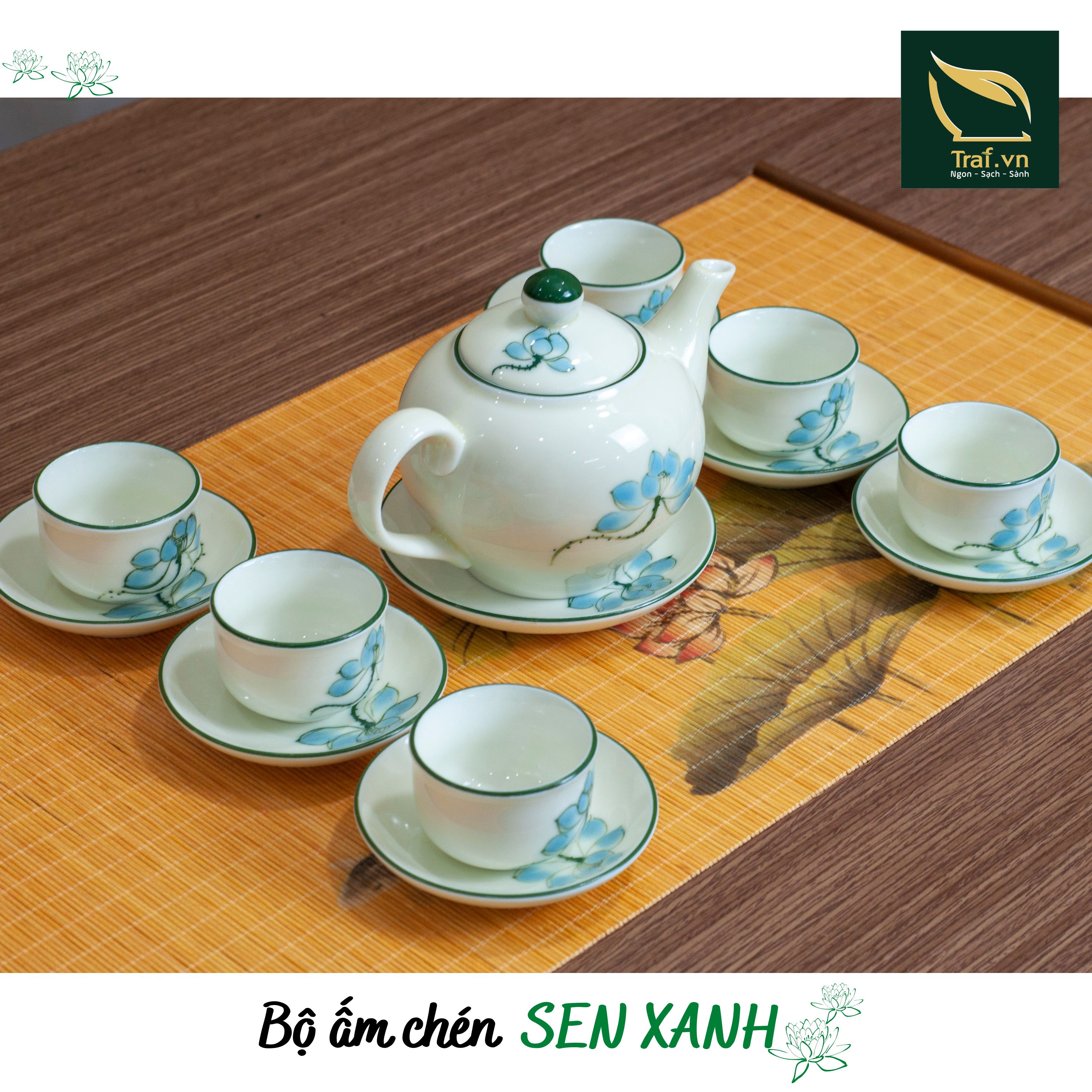 Bộ ấm chén men kem Bát Tràng cao cấp , hoa văn vẽ tay họa tiết bông sen xanh