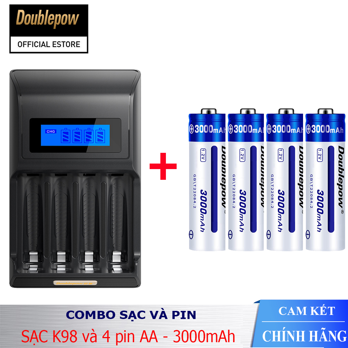 Combo sạc pin thông minh tự ngắt Doublepow DP-K98 và 4 viên pin AA 3000mAh (pin xanh - dung lượng thực)- Bảo hành chính hãng