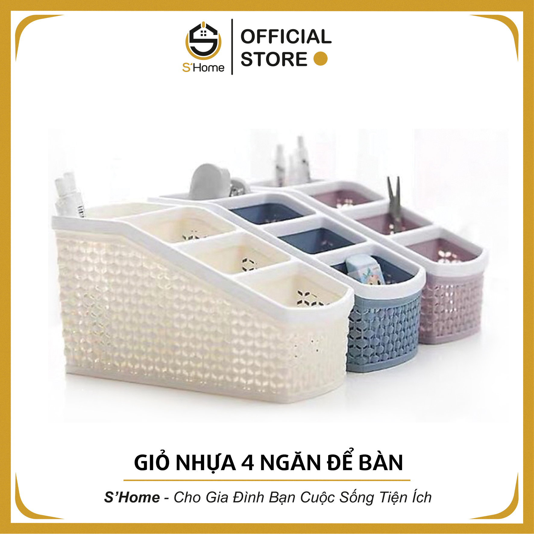 Giỏ Nhựa 4 Ngăn Đựng Bút Viết, Vật Dụng Văn Phòng Để Bàn Tiện Dụng, Tiết Kiệm Diện Tích - S'Home - SH41