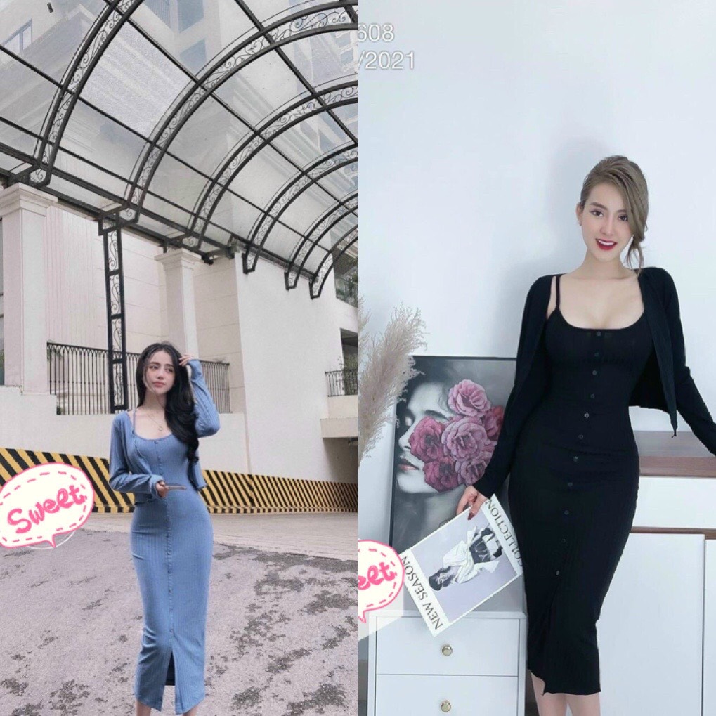 Set đầm ôm body phối nút kèm áo khoác tay dài + Ảnh thật