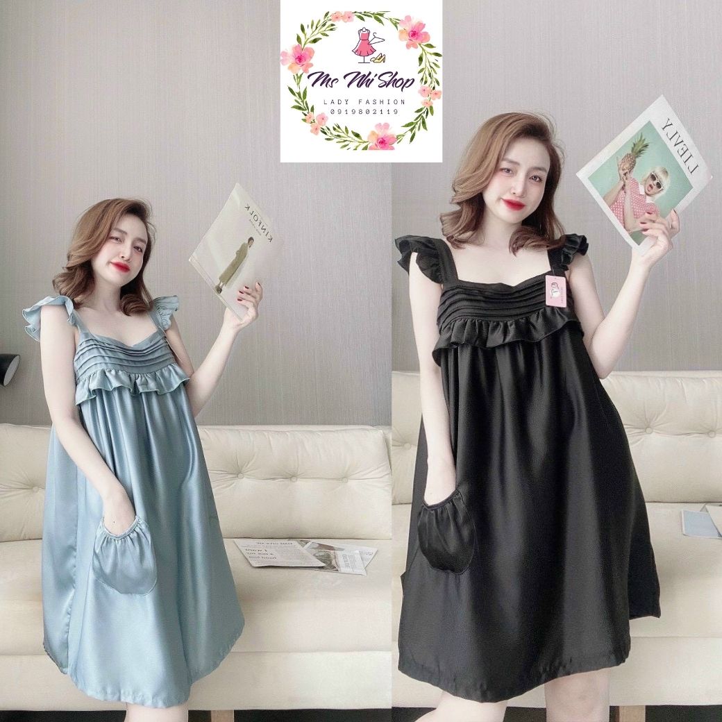 Đầm Lụa Satin Cao Cấp, Đầm Ngủ tay cánh tiên có túi dễ thương