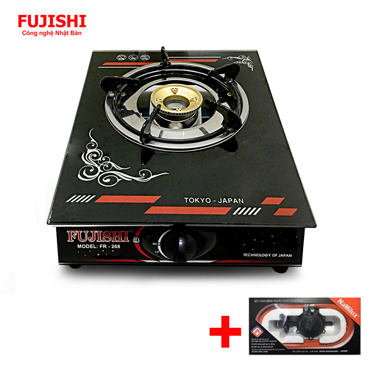 Bếp gas đơn chén đồng fujishi fr-268d + bộ dây van ngắt gas tự động namilux - - sài bình gas lớn 6kg/12kg - bảo hành chính hãng 01 năm - kính đen đỏ