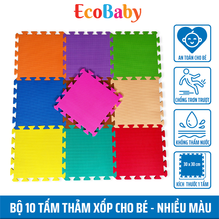 Bộ 10 tấm Thảm xốp ECOBABY, thảm xốp cho bé, thảm chơi lót trải sàn, trò chơi lắp ghép xếp hình, đồ chơi cho bé kèm quà tặng – 30x30cm – màu đơn